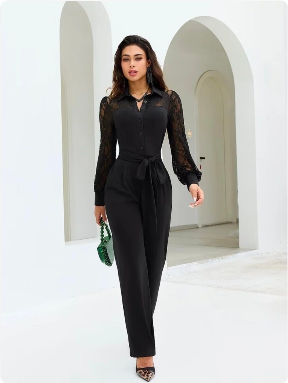 NEW- Elegant Black Lace-Sleeve Jumpsuit with Tie Waist